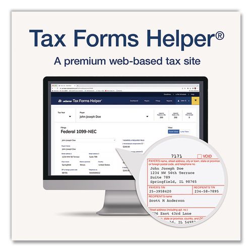 Image of Adams® 22993-NEC 4-Part 1099-NEC Tax Forms with Tax Forms Helper, Fiscal Year: 2024, 8.5 x 3.5, 3 Forms/Sheet, 50 Forms Total