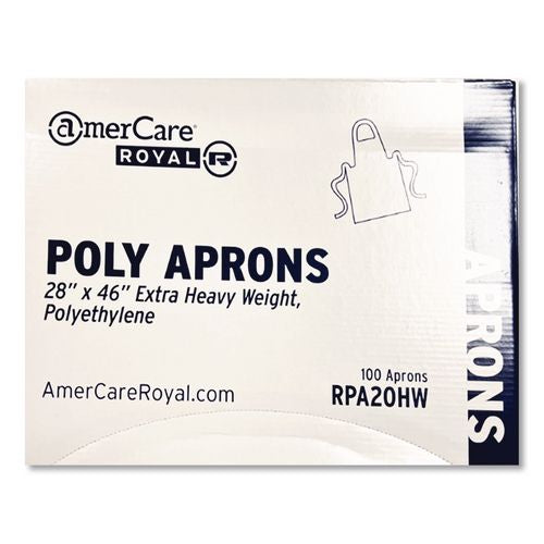 Image of AmerCareRoyal® RPA20HW Heavyweight Poly Aprons, 28 x 46, 1.77 mil, One Size Fits All, White, 500/Carton
