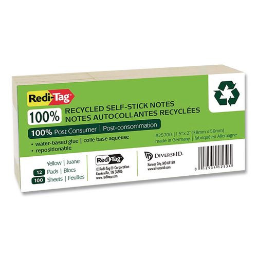 Image of Redi-Tag® B25700 100% Recycled Self-Stick Notes, 1.5" x 2", Yellow, 100 Sheets/Pad, 12 Pads/Pack