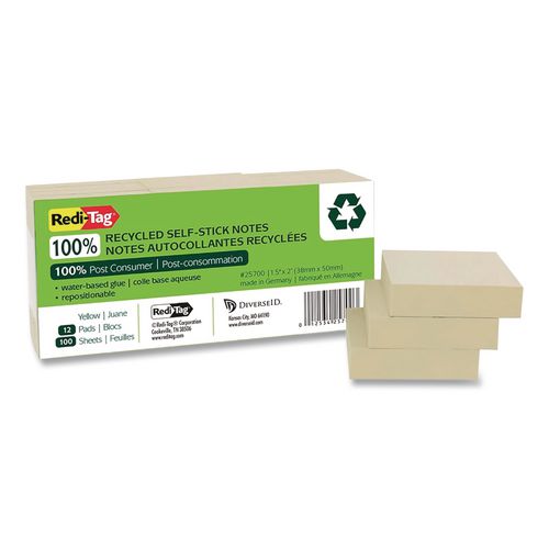 Image of Redi-Tag® B25700 100% Recycled Self-Stick Notes, 1.5" x 2", Yellow, 100 Sheets/Pad, 12 Pads/Pack