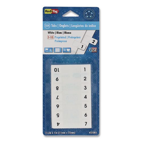 Image of Redi-Tag® B31001 Legal Index Tabs, Preprinted Numeric: 1 to 10, 1/12-Cut, White, 0.44" Wide, 104/Pack