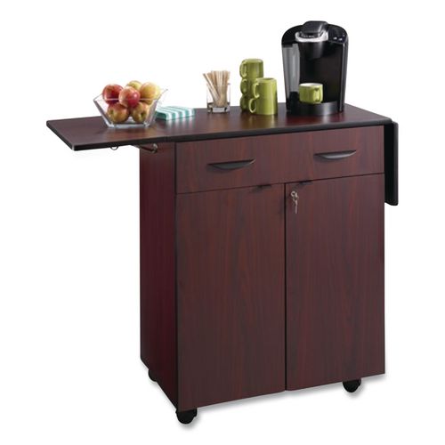 Image of Safco® 8962MH Hospitality Cart with Drop Leaves, Engineered Wood, 3 Shelves, 1 Drawer, 32.5" to 56.25" x 20.5" x 38.75", Mahogany