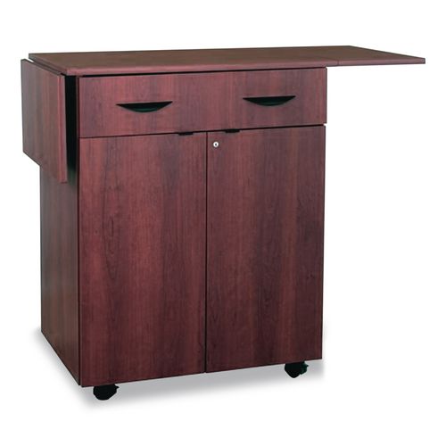 Image of Safco® 8962MH Hospitality Cart with Drop Leaves, Engineered Wood, 3 Shelves, 1 Drawer, 32.5" to 56.25" x 20.5" x 38.75", Mahogany