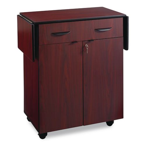 Image of Safco® 8962MH Hospitality Cart with Drop Leaves, Engineered Wood, 3 Shelves, 1 Drawer, 32.5" to 56.25" x 20.5" x 38.75", Mahogany