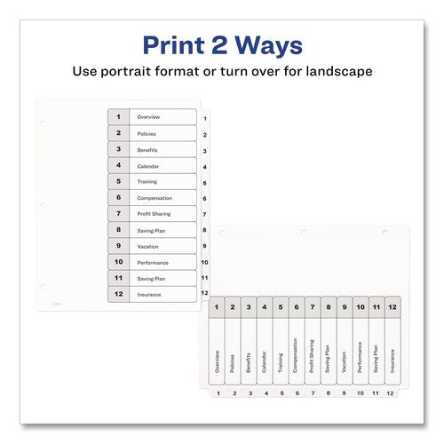 Image of Avery® 11140 Customizable TOC Ready Index Black and White Dividers, 12-Tab, 1 to 12, 11 x 8.5, 1 Set