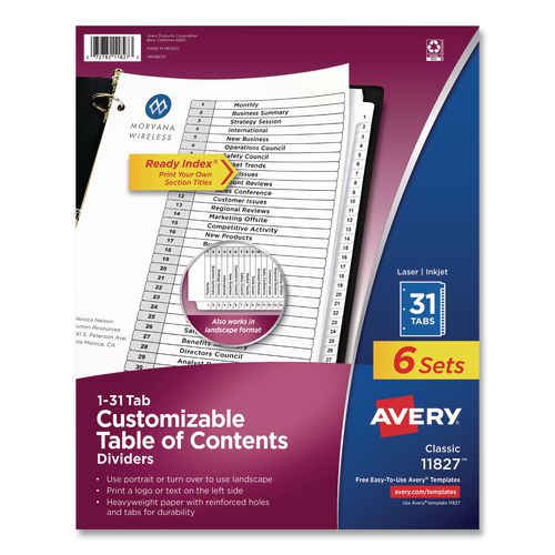 Image of Avery® 11827 Customizable Table of Contents Ready Index Black and White Dividers, 31-Tab, 1 to 31, 11 x 8.5, White, 6 Sets