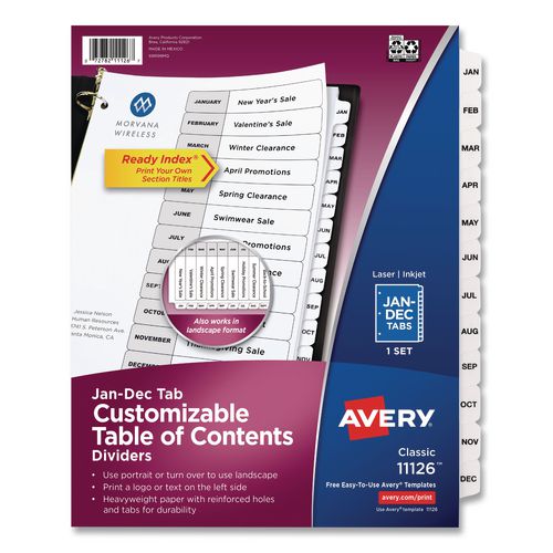 Image of Avery® 11126 Customizable TOC Ready Index Black and White Dividers, 12-Tab, Jan. to Dec., 11 x 8.5, 1 Set