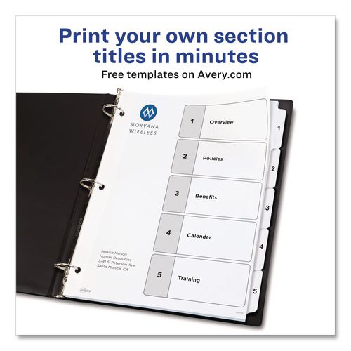 Image of Avery® 11130 Customizable TOC Ready Index Black and White Dividers, 5-Tab, 1 to 5, 11 x 8.5, 1 Set