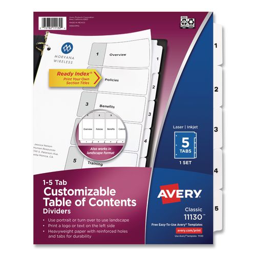 Image of Avery® 11130 Customizable TOC Ready Index Black and White Dividers, 5-Tab, 1 to 5, 11 x 8.5, 1 Set