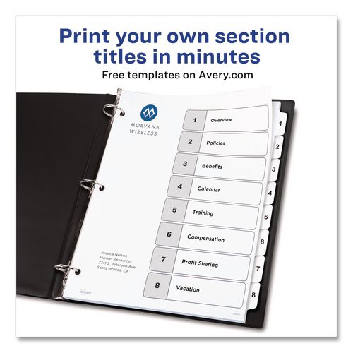 Image of Avery® 11132 Customizable TOC Ready Index Black and White Dividers, 8-Tab, 1 to 8, 11 x 8.5, 1 Set