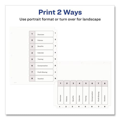 Image of Avery® 11132 Customizable TOC Ready Index Black and White Dividers, 8-Tab, 1 to 8, 11 x 8.5, 1 Set