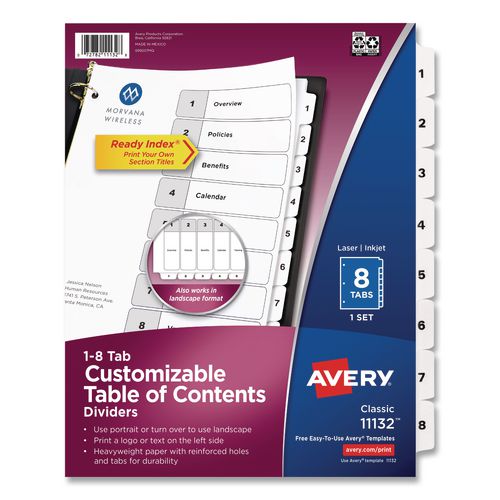 Image of Avery® 11132 Customizable TOC Ready Index Black and White Dividers, 8-Tab, 1 to 8, 11 x 8.5, 1 Set