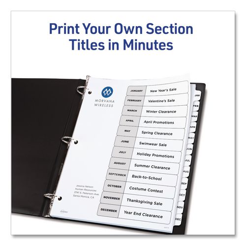 Image of Avery® 11826 Customizable Table of Contents Ready Index Black and White Dividers, 12-Tab, Jan. to Dec., 11 x 8.5, White, 6 Sets
