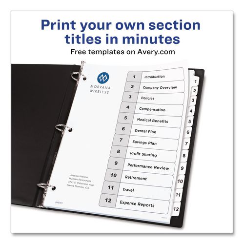 Image of Avery® 11140 Customizable TOC Ready Index Black and White Dividers, 12-Tab, 1 to 12, 11 x 8.5, 1 Set