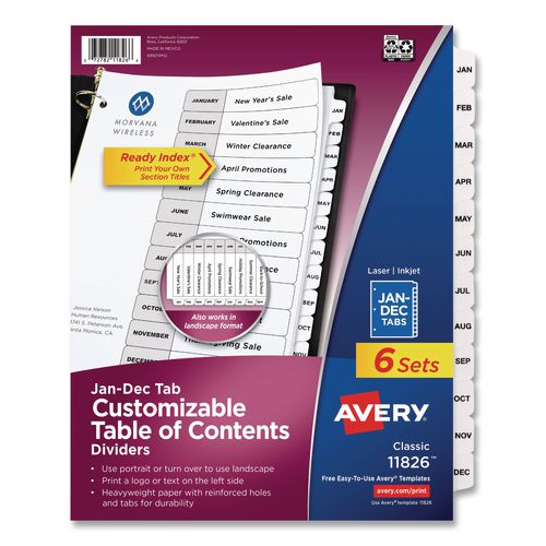 Image of Avery® 11826 Customizable Table of Contents Ready Index Black and White Dividers, 12-Tab, Jan. to Dec., 11 x 8.5, White, 6 Sets