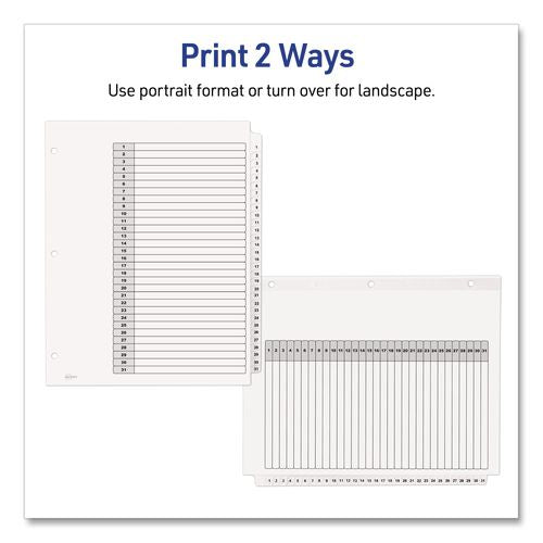 Image of Avery® 11827 Customizable Table of Contents Ready Index Black and White Dividers, 31-Tab, 1 to 31, 11 x 8.5, White, 6 Sets