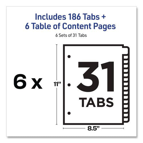 Image of Avery® 11827 Customizable Table of Contents Ready Index Black and White Dividers, 31-Tab, 1 to 31, 11 x 8.5, White, 6 Sets
