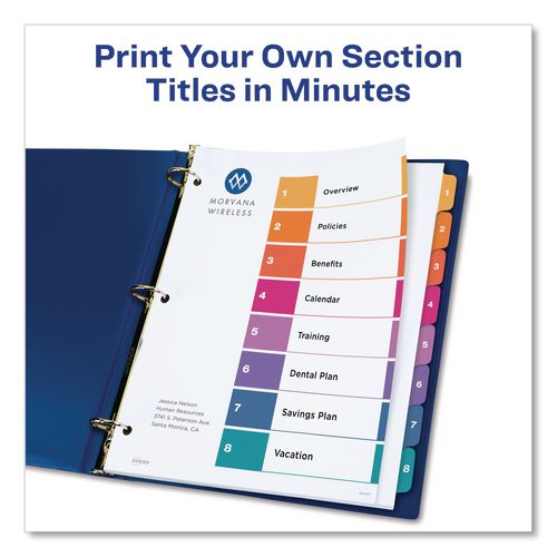 Image of Avery® 11163 Customizable TOC Ready Index Multicolor Tab Dividers, Extra Wide Tabs, 8-Tab, 1 to 8, 11 x 9.25, White, 1 Set