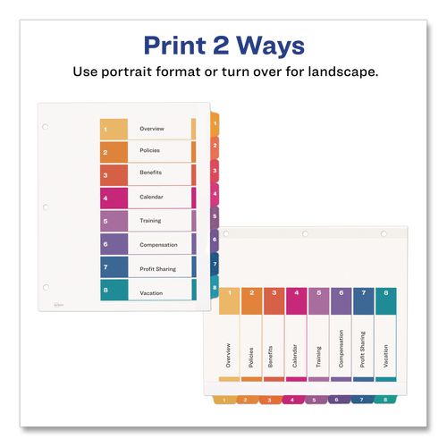 Image of Avery® 11163 Customizable TOC Ready Index Multicolor Tab Dividers, Extra Wide Tabs, 8-Tab, 1 to 8, 11 x 9.25, White, 1 Set
