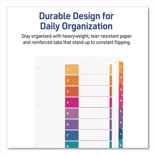 Image of Avery® 11163 Customizable TOC Ready Index Multicolor Tab Dividers, Extra Wide Tabs, 8-Tab, 1 to 8, 11 x 9.25, White, 1 Set