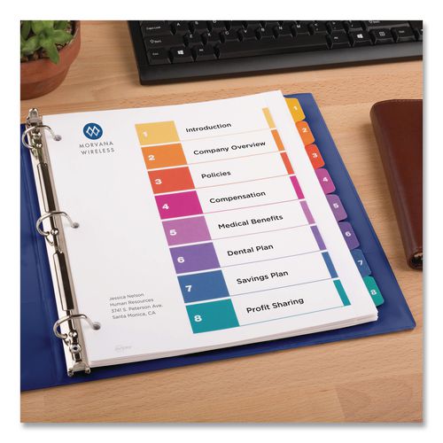 Image of Avery® 11163 Customizable TOC Ready Index Multicolor Tab Dividers, Extra Wide Tabs, 8-Tab, 1 to 8, 11 x 9.25, White, 1 Set