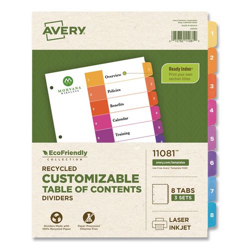 Image of Avery® 11081 Customizable Table Of Contents Ready Index Dividers With Multicolor Tabs, 8-Tab, 1 To 8, 11 X 8.5, White, 3 Sets