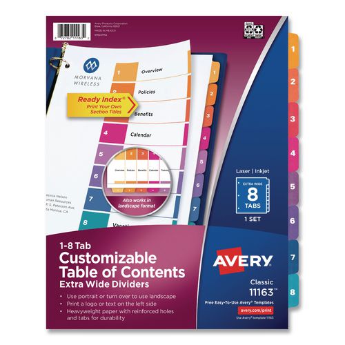 Image of Avery® 11163 Customizable TOC Ready Index Multicolor Tab Dividers, Extra Wide Tabs, 8-Tab, 1 to 8, 11 x 9.25, White, 1 Set