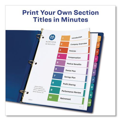 Image of Avery® 11165 Customizable TOC Ready Index Multicolor Tab Dividers, Extra Wide Tabs, 10-Tab, 1 to 10, 11 x 9.25, White, 1 Set