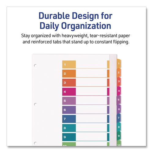 Image of Avery® 11165 Customizable TOC Ready Index Multicolor Tab Dividers, Extra Wide Tabs, 10-Tab, 1 to 10, 11 x 9.25, White, 1 Set