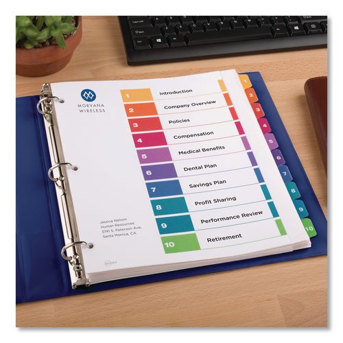 Image of Avery® 11165 Customizable TOC Ready Index Multicolor Tab Dividers, Extra Wide Tabs, 10-Tab, 1 to 10, 11 x 9.25, White, 1 Set