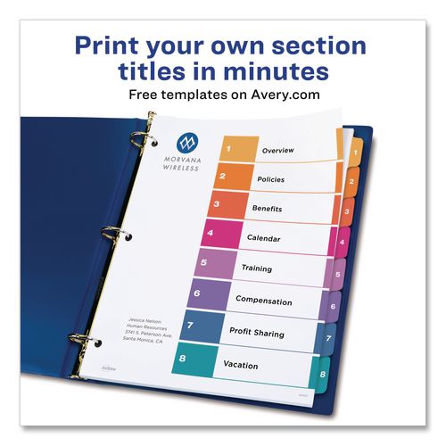 Image of Avery® 11133 Customizable TOC Ready Index Multicolor Tab Dividers, 8-Tab, 1 to 8, 11 x 8.5, White, Traditional Color Tabs, 1 Set
