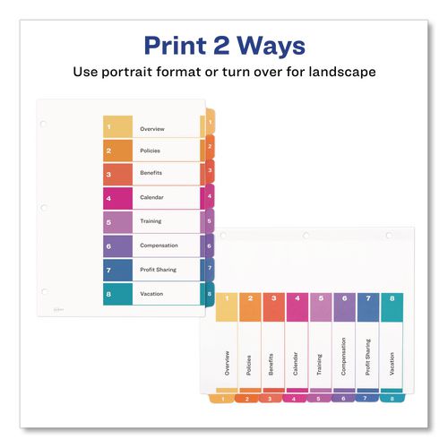 Image of Avery® 11133 Customizable TOC Ready Index Multicolor Tab Dividers, 8-Tab, 1 to 8, 11 x 8.5, White, Traditional Color Tabs, 1 Set