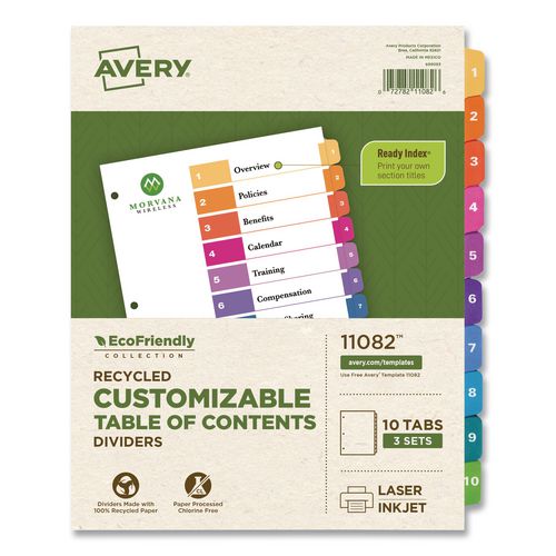Image of Avery® 11082 Customizable Table Of Contents Ready Index Dividers With Multicolor Tabs, 10-Tab, 1 To 10, 11 X 8.5, White, 3 Sets