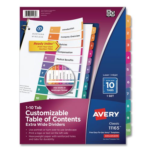 Image of Avery® 11165 Customizable TOC Ready Index Multicolor Tab Dividers, Extra Wide Tabs, 10-Tab, 1 to 10, 11 x 9.25, White, 1 Set