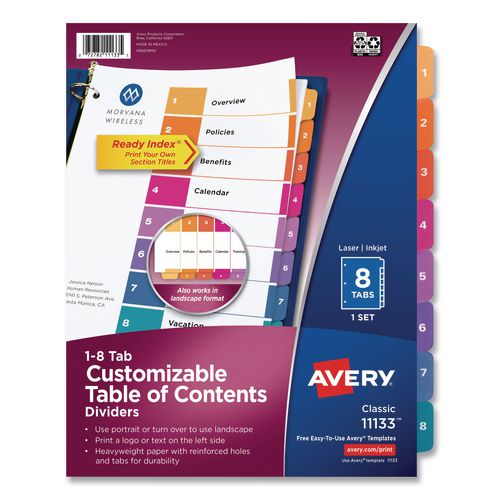 Image of Avery® 11133 Customizable TOC Ready Index Multicolor Tab Dividers, 8-Tab, 1 to 8, 11 x 8.5, White, Traditional Color Tabs, 1 Set