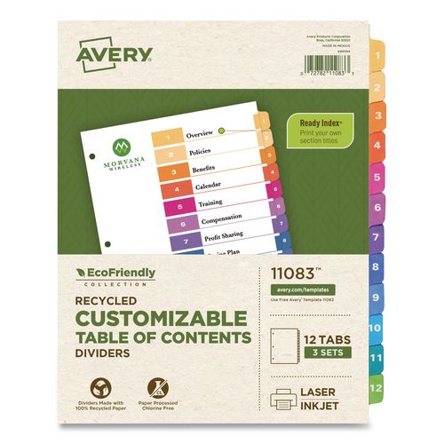 Image of Avery® 11083 Customizable Table Of Contents Ready Index Dividers With Multicolor Tabs, 12-Tab, 1 To 12, 11 X 8.5, White, 3 Sets