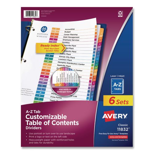 Image of Avery® 11832 customizable table of contents ready index multicolor dividers, 26-tab, a to z, 11 x 8.5, white, 6 sets