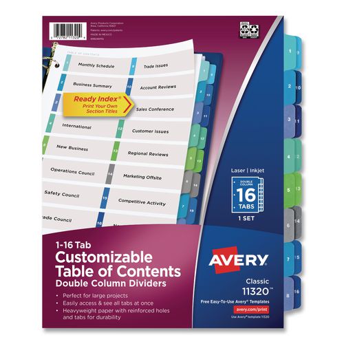 Image of Avery® 11320 Customizable TOC Ready Index Double Column Multicolor Tab Dividers, 16-Tab, 1 to 16, 11 x 8.5, White, 1 Set