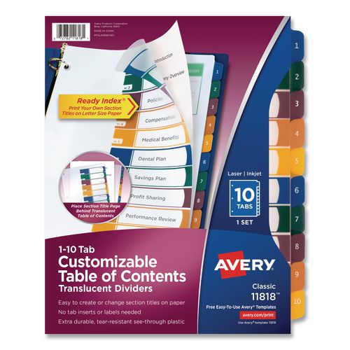 Image of Avery® 11818 Customizable Table Of Contents Ready Index Dividers With Multicolor Tabs, 10-Tab, 1 To 10, 11 X 8.5, Translucent, 1 Set