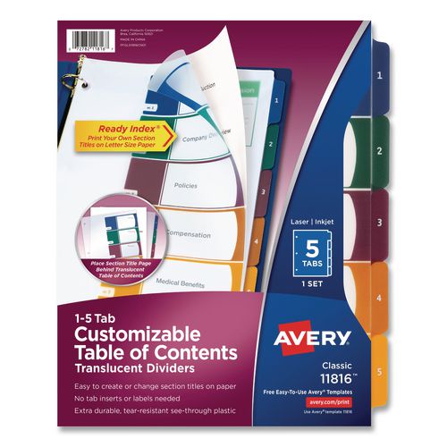 Image of Avery® 11816 Customizable Table Of Contents Ready Index Dividers With Multicolor Tabs, 5-Tab, 1 To 5, 11 X 8.5, Translucent, 1 Set