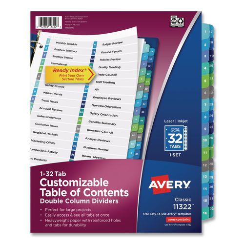 Image of Avery® 11322 Customizable TOC Ready Index Double Column Multicolor Tab Dividers, 32-Tab, 1 to 32, 11 x 8.5, White, 1 Set