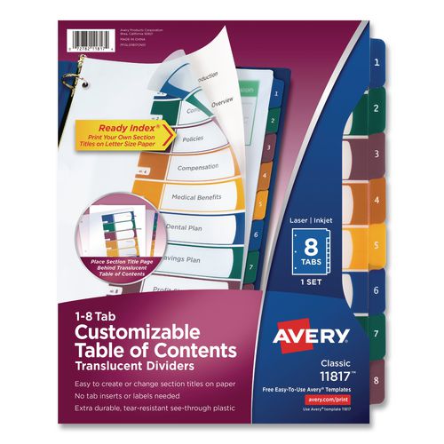 Image of Avery® 11817 Customizable Table Of Contents Ready Index Dividers With Multicolor Tabs, 8-Tab, 1 To 8, 11 X 8.5, Translucent, 1 Set