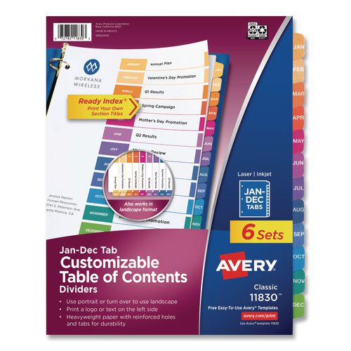 Image of Avery® 11830 Customizable Table of Contents Ready Index Multicolor Dividers, 12-Tab, Jan. to Dec., 11 x 8.5, White, 6 Sets