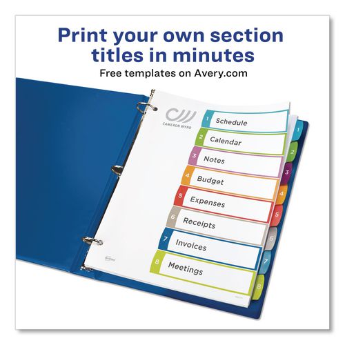 Image of Avery® 11841 Customizable TOC Ready Index Multicolor Tab Dividers, 8-Tab, 1 to 8, 11 x 8.5, White, Contemporary Color Tabs, 1 Set