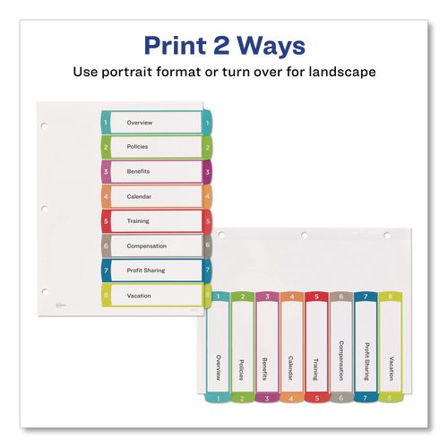 Image of Avery® 11841 Customizable TOC Ready Index Multicolor Tab Dividers, 8-Tab, 1 to 8, 11 x 8.5, White, Contemporary Color Tabs, 1 Set