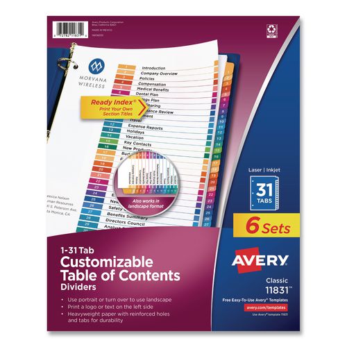 Image of Avery® 11831 customizable table of contents ready index multicolor dividers, 31-tab, 1 to 31, 11 x 8.5, white, 6 sets