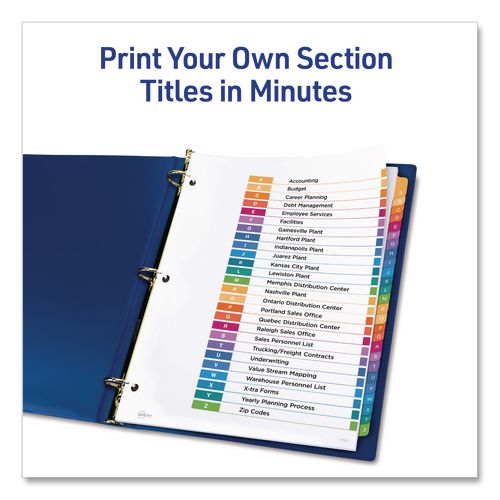 Image of Avery® 11832 customizable table of contents ready index multicolor dividers, 26-tab, a to z, 11 x 8.5, white, 6 sets