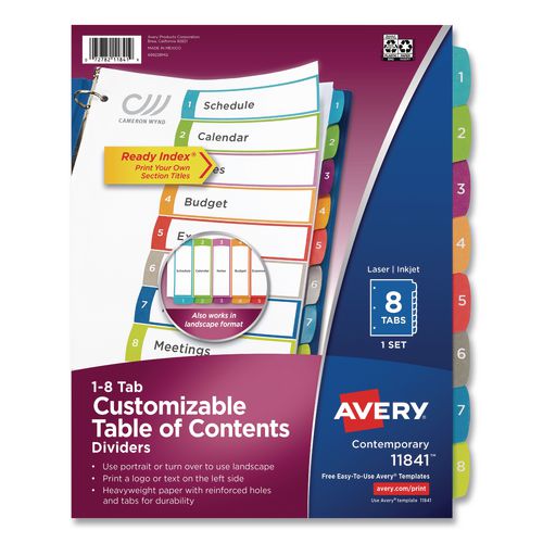 Image of Avery® 11841 Customizable TOC Ready Index Multicolor Tab Dividers, 8-Tab, 1 to 8, 11 x 8.5, White, Contemporary Color Tabs, 1 Set