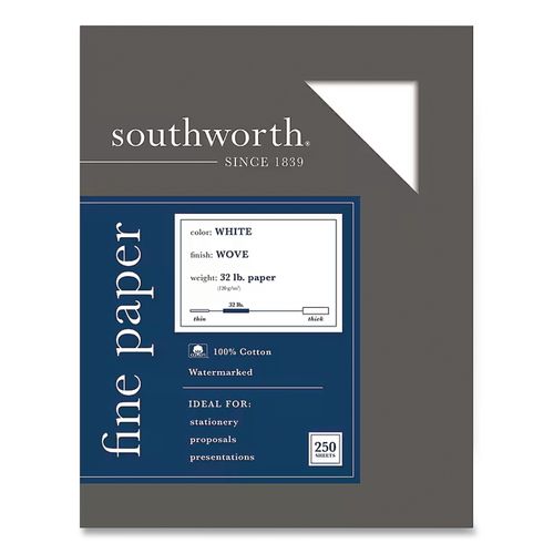 Image of Southworth® JD18C 100% Cotton Business Paper, 95 Bright, 32 lb Bond Weight, 8.5 x 11, White, 250/Pack