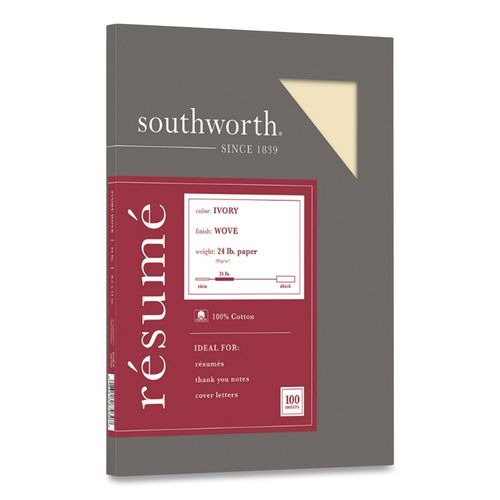 Image of Southworth® R14ICF 100% Cotton Resume Paper, 24 lb Bond Weight, 8.5 x 11, Ivory, 100/Pack
